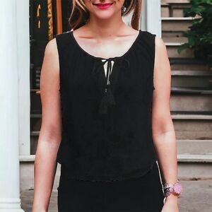 WHBM Black Sleeveless Top with Elastic Waist Pull on Tassels Neckline Sz L